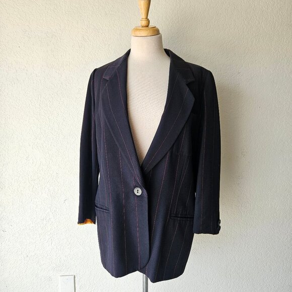 Vintage 90s Y2K Escada Wool Oversized Pinstripe Red Navy Blue Blazer Jacket 40 - Picture 1 of 10